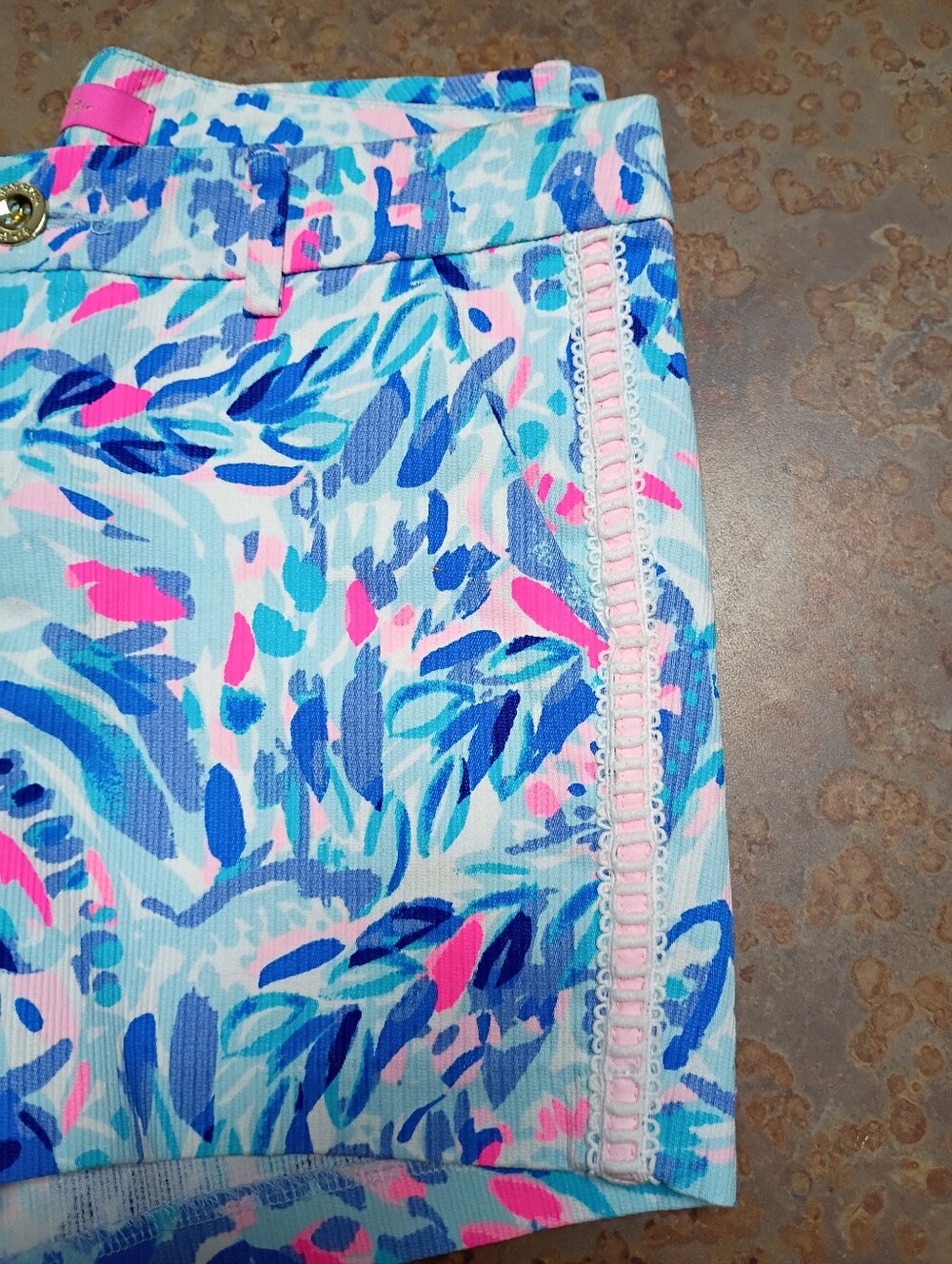 Lilly Pulitzer Light Blue, Pink & Navy Tropical Print Jean Shorts - Picture 8 of 8